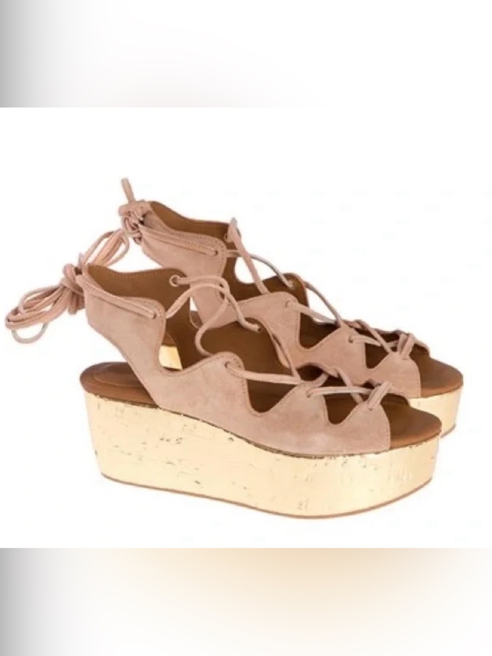 See by Chloé Pink Suede Lace Up Platform Wedge Sandals Gold Wedge Size 38